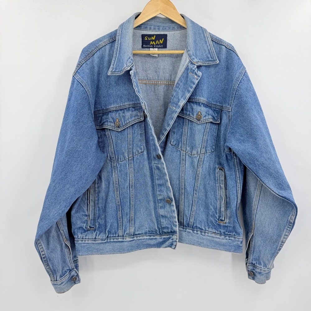 Sun Man Denim Trucker Jacket Mens XL Blue Vintage Cotton Button Up Workwear
